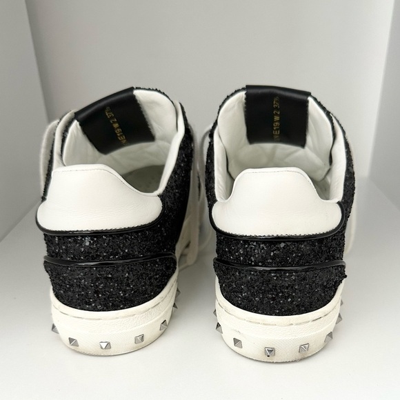 EUC Valentino Garavani Glitter Rockstud Lace Up Sneakers BLACK 37.5 FLY CREW - Picture 10 of 13